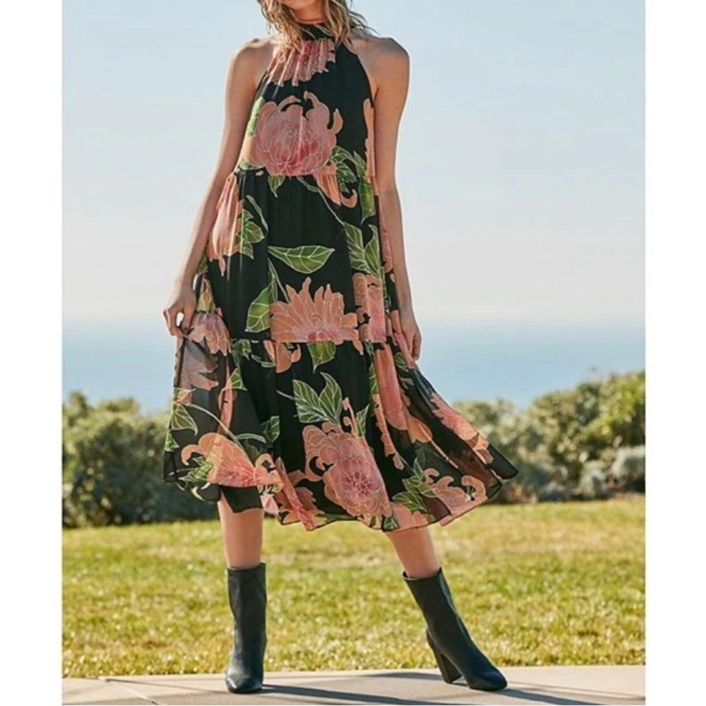 Trina Turk Immeasurable 2 Black Flowy Boho Floral Midi Halter Dress SZ M